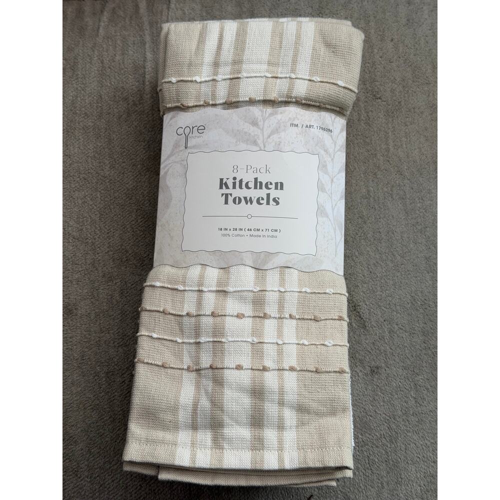 Core 8 pk 100% Cotton Kitchen Towel Set Tan & White